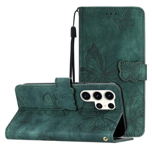 Funda de Piel Samsung Galaxy S25 Ultra 5G con Relieve de Mariposa (Verde)