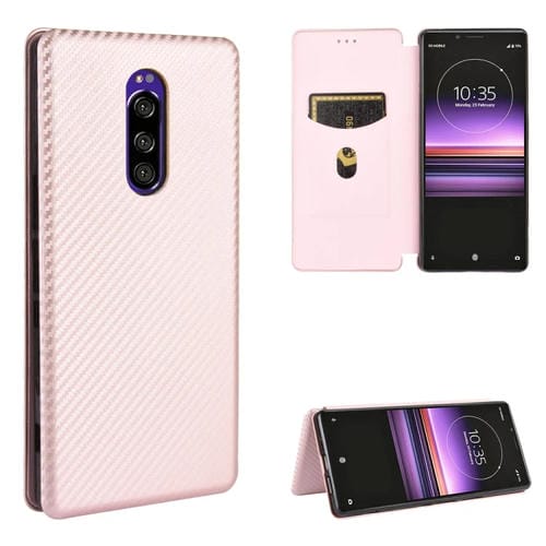 Para Sony Xperia 1 Funda de cuero con tapa magnética horizontal con textura de fibra de carbono TPU + PC + PU con ranura para tarjeta (rosa)