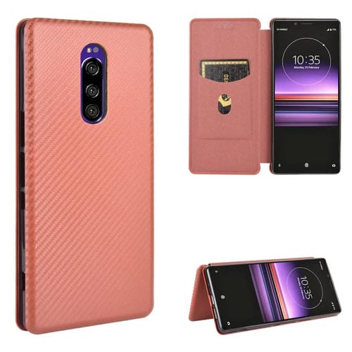 Para Sony Xperia 1 Funda de cuero con tapa magnética horizontal con textura de fibra de carbono TPU + PC + PU con ranura para tarjeta (marrón)