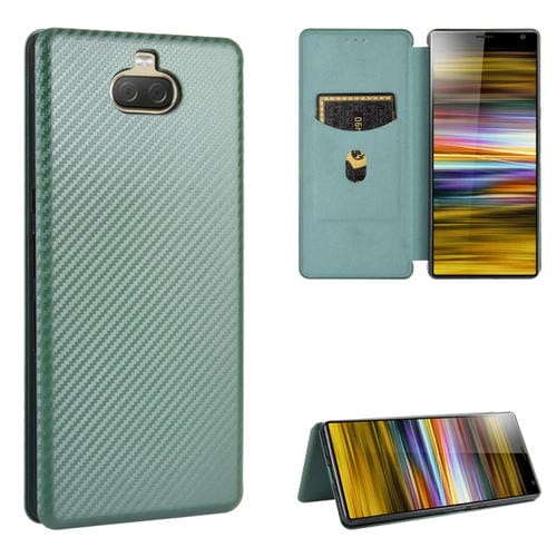 Para Sony Xperia 10 Funda de cuero con tapa magnética horizontal con textura de fibra de carbono TPU + PC + PU con ranura para tarjeta (verde)