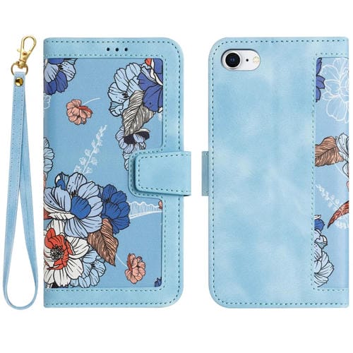 Funda de Piel con Estampado Floral y Cordón para iPhone Se 2022/2020 (Azul Claro)