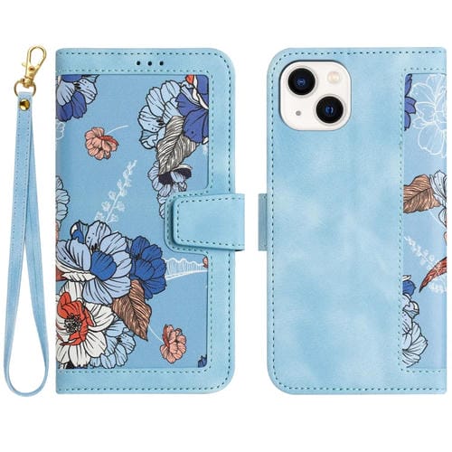 Funda de Cuero con Estampado Floral para iPhone 13 Mini con Cordón (Azul Claro)