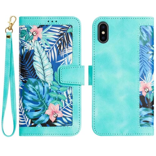 Funda de Cuero para iPhone Xs/X con Estampado Floral y Cordón (Verde)