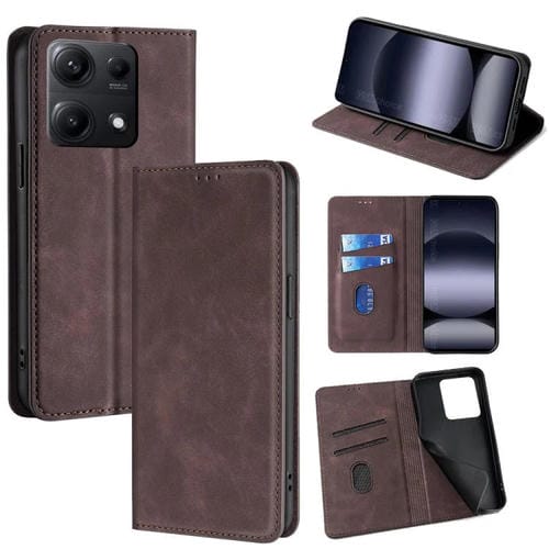 Funda de cuero magnética con textura de piel para Redmi Note 14S 4G (marrón oscuro)