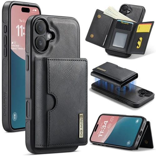 Funda de Cuero Extraíble Dg.Ming M6 para iPhone 16 Plus con Tarjetero Rfid Tres Pliegues (Negro)