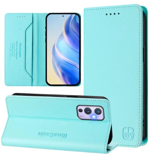Funda de Cuero con Doble Pliegue y Succión Magnética RFID para OnePlus 9 Rc01 (Verde Menta)