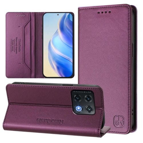 Funda de Cuero para OnePlus 10 Pro Rc01 con Doble Pliegue y Succión Magnética (Violeta)
