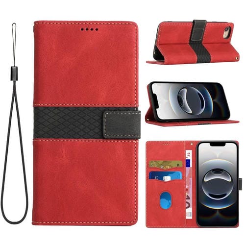 Funda de Cuero para iPhone 16E con Costuras En Cuadrícula y Cordón (Rojo)