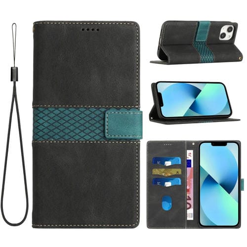 Funda de Cuero para iPhone 14 con Costuras de Cuadrícula y Cordón (Negro)
