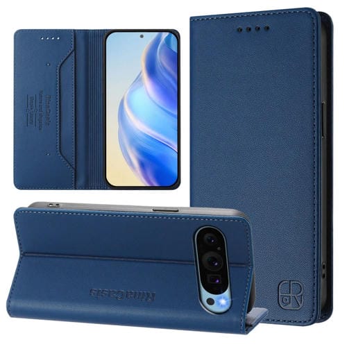 Funda de Cuero con Doble Pliegue y Succión Magnética RFID para Google Pixel 9/9 Pro Rc01 (Azul Oscuro)
