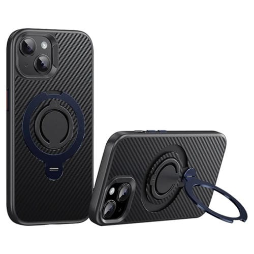 Funda para Teléfono Magsafe Fibra de Carbono iPhone 14/13 con Soporte Giratorio 360 (Negro y Azul)