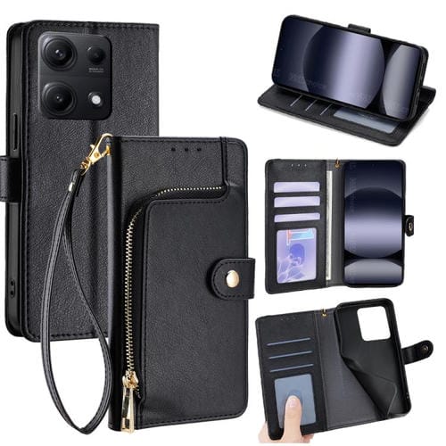 Funda de cuero con cremallera para Redmi Note 14S 4G (negra)