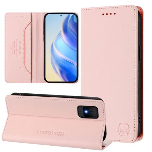 Funda de Cuero con Doble Pliegue y Succión Magnética RFID para Teléfono TCL 502 Rc01 (Rosa)