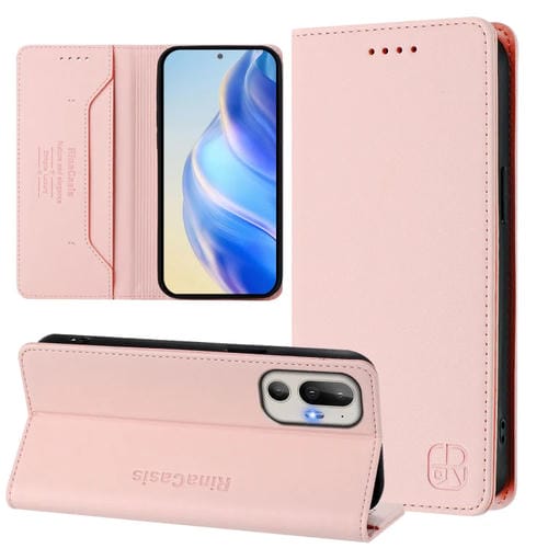 Funda de Cuero Rfid para HTC U24 Pro Rc01 con Doble Pliegue y Succión Magnética (Rosa)