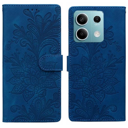 Funda de Teléfono con Hebilla Magnética de Pu con Encaje Floral En Relieve para Redmi Note 14 4G/5G con Correa para la Muñeca (Azul)