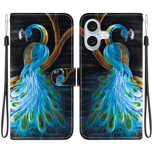Funda de Cuero iPhone 16 Plus Dibujo de Colores Textura de Cristal (Pavo Real)
