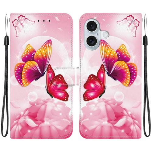 Funda de Cuero para iPhone 16 Plus con Dibujo de Colores y Textura de Cristal (Mariposas Rosas)