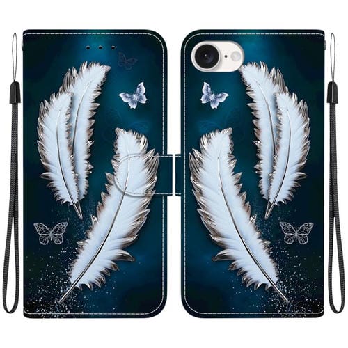 Funda de Cuero iPhone 16E Dibujo de Colores Textura de Cristal (Plumas de Mariposa Blancas)