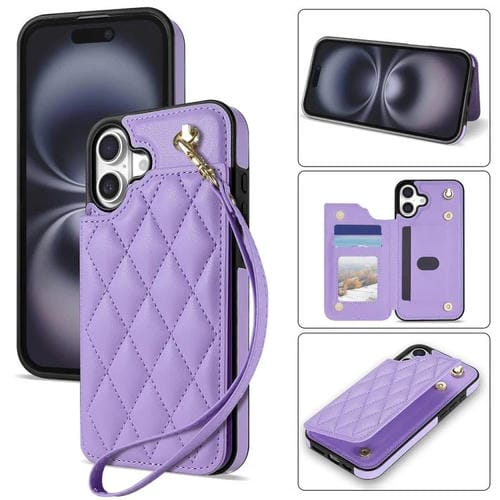Estuche para Teléfono iPhone 16 Ranuras para Tarjetas Hebilla Doble Rombal con Cordón (Morado)