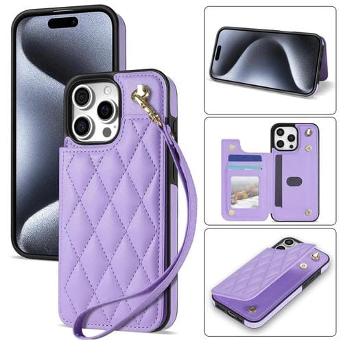 Estuche para Teléfono Rombal iPhone 15 Pro Max con Ranuras para Tarjetas y Cordón (Morado)