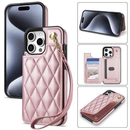 Estuche para Teléfono iPhone 15 Pro con Ranuras para Tarjetas y Hebilla Doble Rombal con Cordón (Oro Rosa)