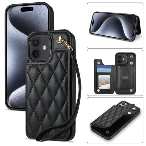 Estuche para Teléfono Rombal para iPhone 11 con Ranuras para Tarjetas y Cordón (Negro)
