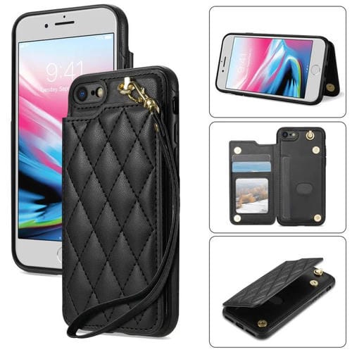 Funda para iPhone SE 2022/2020/8/7 con Ranuras para Tarjetas y Hebilla Doble Rombal y Cordón (Negro)