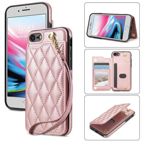 Funda para iPhone SE 2022/2020/8/7 con Ranuras para Tarjetas Hebilla Doble Rómbica y Cordón (Oro Rosa)