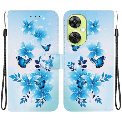 Funda de Cuero con Dibujo y Textura de Cristal para OnePlus Nord Ce 3 Lite/N30 (Mariposas Azules)