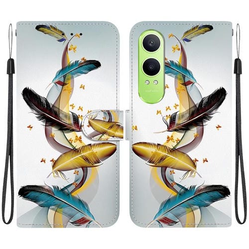 Funda de Cuero para OnePlus Nord Ce4 Lite con Dibujo de Plumas y Textura Cristal (Dorada)
