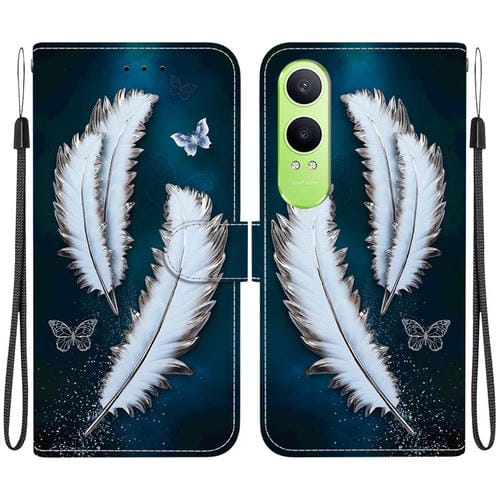 Funda de Cuero para OnePlus Nord Ce4 Lite con Dibujo de Colores y Textura de Cristal (Plumas de Mariposa Blancas)