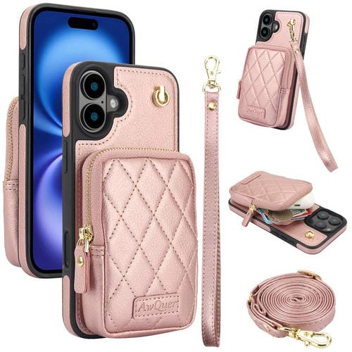 Funda para Teléfono Awquer iPhone 16 Plus Piel de Lichi Cremallera Cartera Cruzada (Oro Rosa)