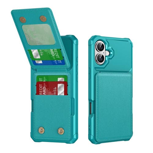 Funda de Cuero para iPhone 16 Plus con Tapa Vertical y Tarjetero (Verde Cian)