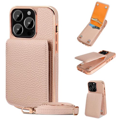 Funda de Teléfono Tipo Billetera Vietao Textura de Lichi Cordón de Pu para iPhone 14 Pro Max (Rosa)