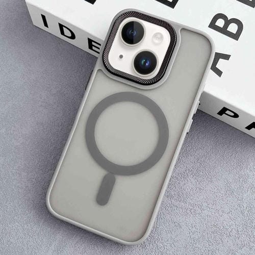 Funda Híbrida TPU PC Marco Lente Diamante para iPhone 14 Magsafe (Gris)
