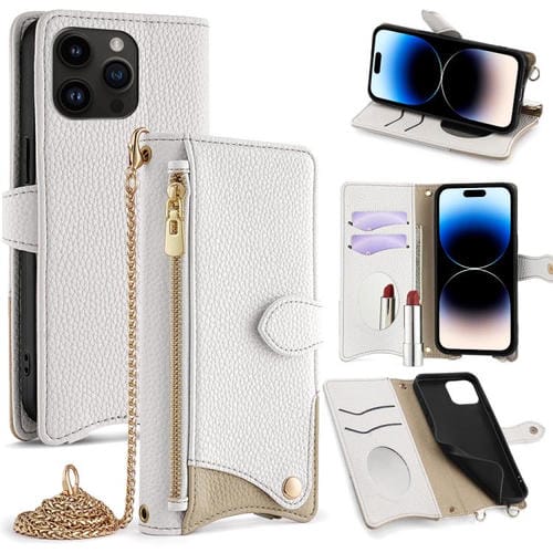 Funda de Piel de Lichi para iPhone 14 Pro Max Diseño Cola de Pez y Cadena Cruzada (Blanca)