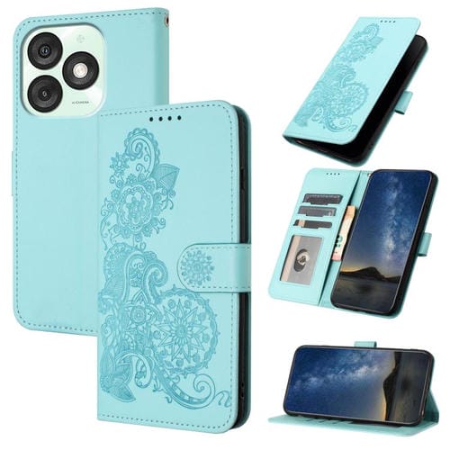 Funda de Cuero con Tapa para Itel A50 Diseño Flor de Datura en Relieve (Azul Claro)