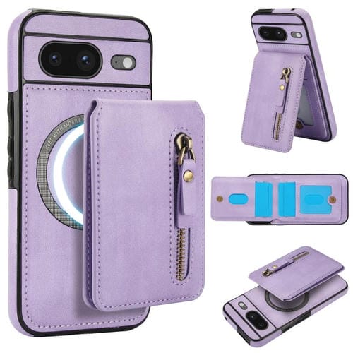 Funda de Cuero con Tapa Trasera Magsafe Dividida con Cremallera para Google Pixel 8 (Morado)