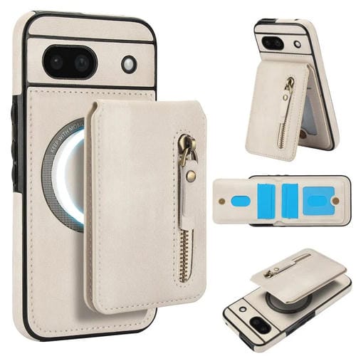 Funda de Cuero con Tapa Trasera Magsafe Dividida y Cremallera para Google Pixel 8A (Blanca)