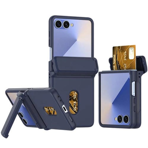 Funda plegable de PC con soporte y ranura para tarjeta y cadena de goma para Samsung Galaxy Z Flip7 5G (azul oscuro)