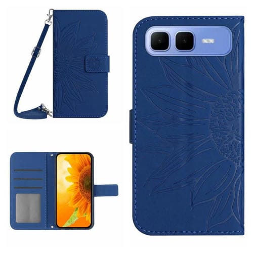 Funda de cuero con tapa y cordón para Infinix Smart 10 Plus 4G, con diseño de girasoles en relieve y tacto suave (azul oscuro)