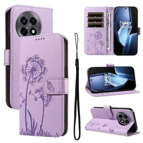 Funda de Cuero con Tapa para OnePlus 13R 5G Global con Patrón En Relieve Diente de León (Morado)