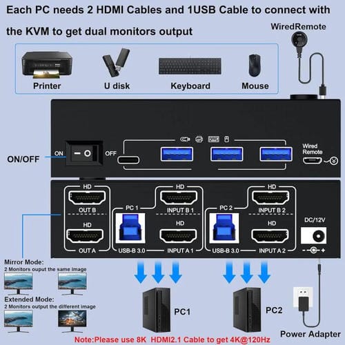 Conmutador KVM KC-KVM8202 de Dos Monitores USB 3.0/HDMI 8K 60 Hz con Dos Puertos y Enchufe Estadounidense