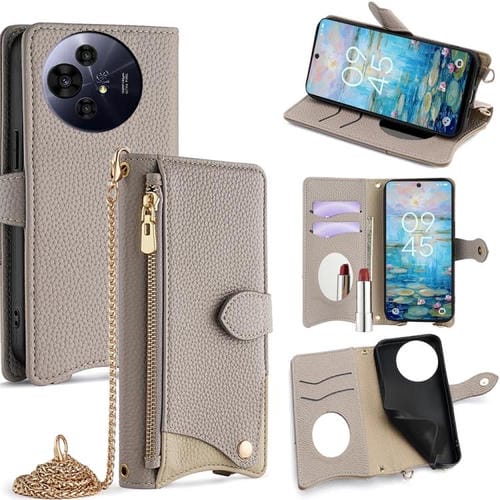 Funda de Cuero Lichi para TCL 50 Nxtpaper y 50 Pro Nxtpaper con Diseño Cola de Pez y Cadena Cruzada (Gris)