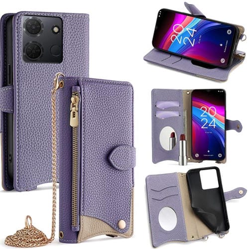 Funda de Cuero Lichi para TCL 503 con Diseño de Cola de Pez y Cadena Cruzada (Morado)