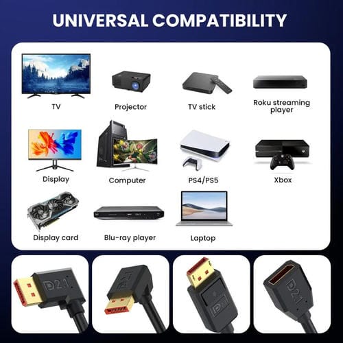 Cable Adaptador Extensión DisplayPort DP2.1 a DP2.1 Codo Izquierdo 52 Gbps 16K 30 Hz 1,2 m (Negro)