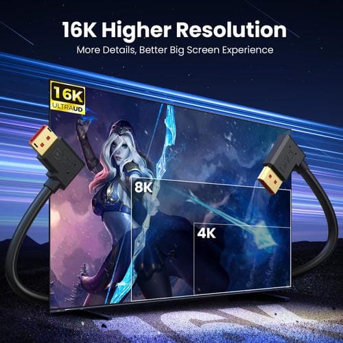 Cable Adaptador Extensión DisplayPort DP2.1 a DP2.1 Codo Superior 52 Gbps 16K 30 Hz 3 m (Negro)