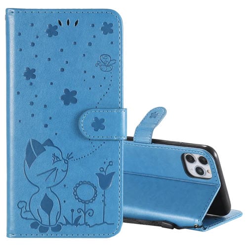 Funda de Cuero iPhone 11 Pro Max Cat Bee Patrón En Relieve Tapa Horizontal Soporte Ranuras Tarjetas Billetera (Azul)