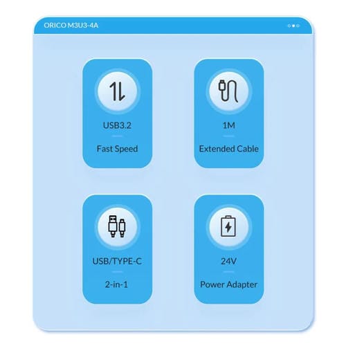 Concentrador de Acoplamiento Orico M3U3-4A 4 en 1 Tipo-C a USB 3.2 (Negro)