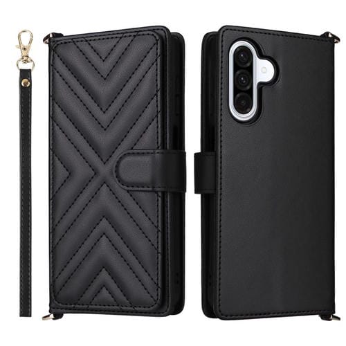 Funda de cuero multifuncional para Samsung Galaxy A17 5G con 6 ranuras para tarjetas y correa para la muñeca (negra)